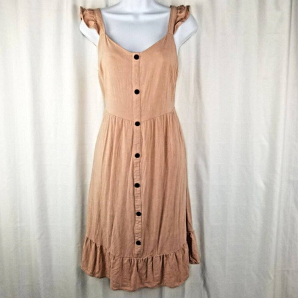Monteau Los Angeles Midi Length Flutter Sleeve Summer Dress - Medium in Beige